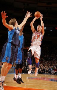 NEW YORK, NY - FEBRUARY 19: Jeremy Lin #17 of the New York Knicks takes a jump shot over Dirk Nowitzki #41 of the Dallas Mavericks during the game on February 19, 2012 at Madison Square Garden in New York City. (Photo by Nathaniel S. Butler/NBAE via Getty Images)